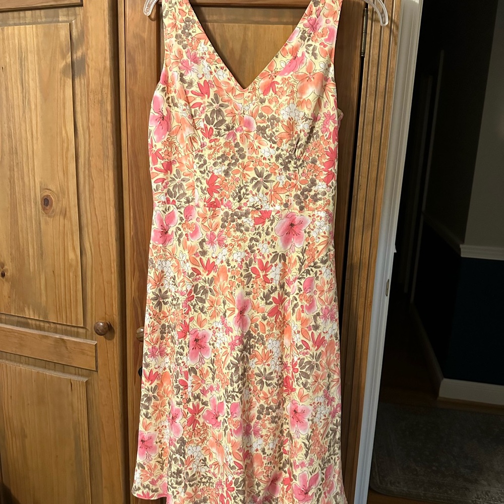 LOFT Orange and Pink Sleeveless V-Neck Midi Dress